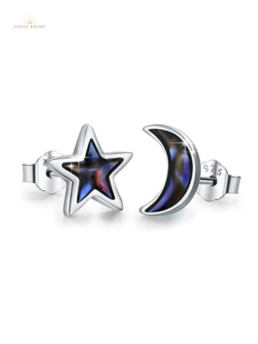 925 Sterling Silver Star Moon Stud Earrings Abalone Shell Celestial Jewelry